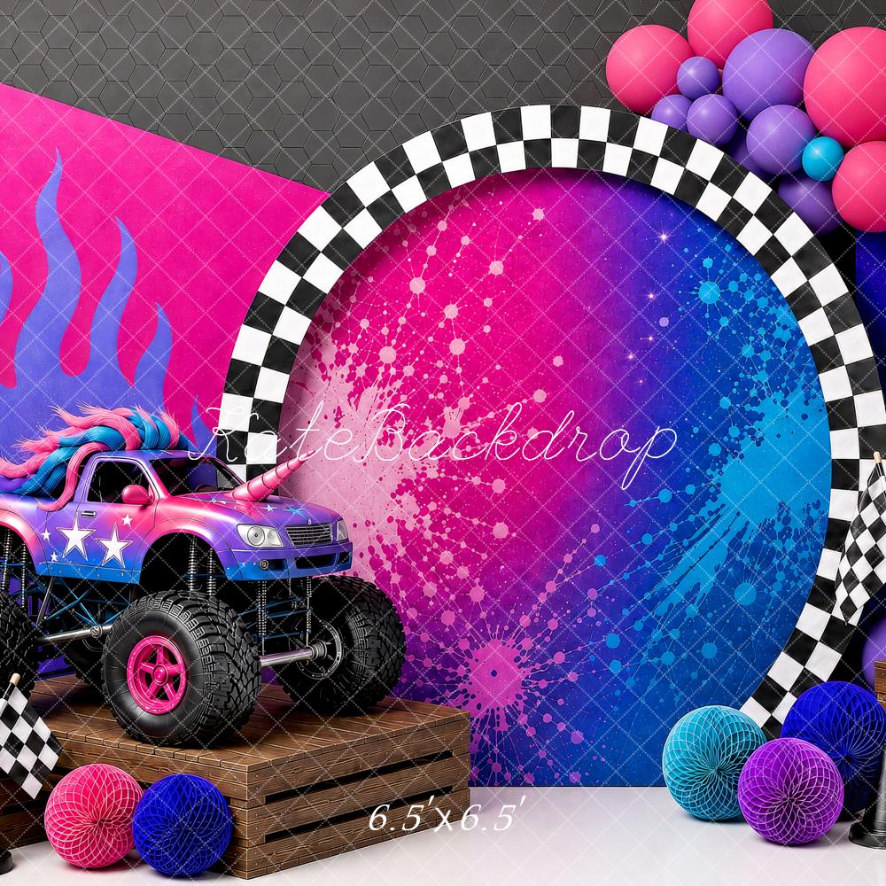 Kate Birthday Truck Racing Checkered Flags Balloons Printed Backdrop Designed by Shutter Swan Studios