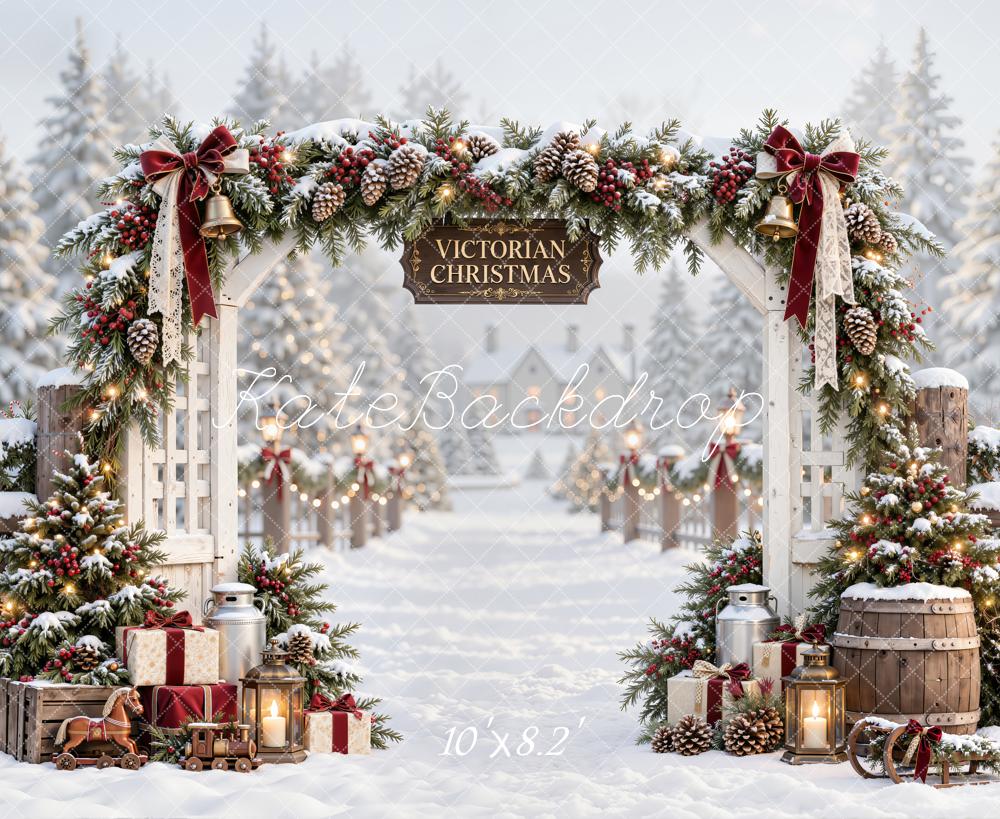 Kate Christmas Victorian Snowy Arch Rustic Fence Printed Backdrop Designed by Emetselch