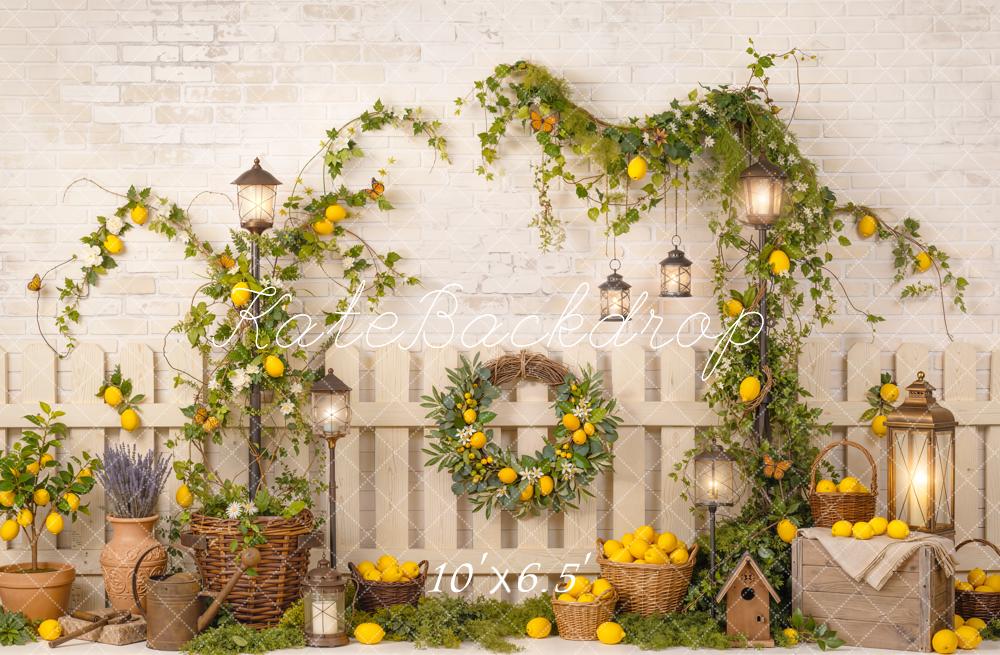 Kate Summer Lemon Vine Lantern Basket Rustic Fence Printed Backdrop Designed by Emetselch