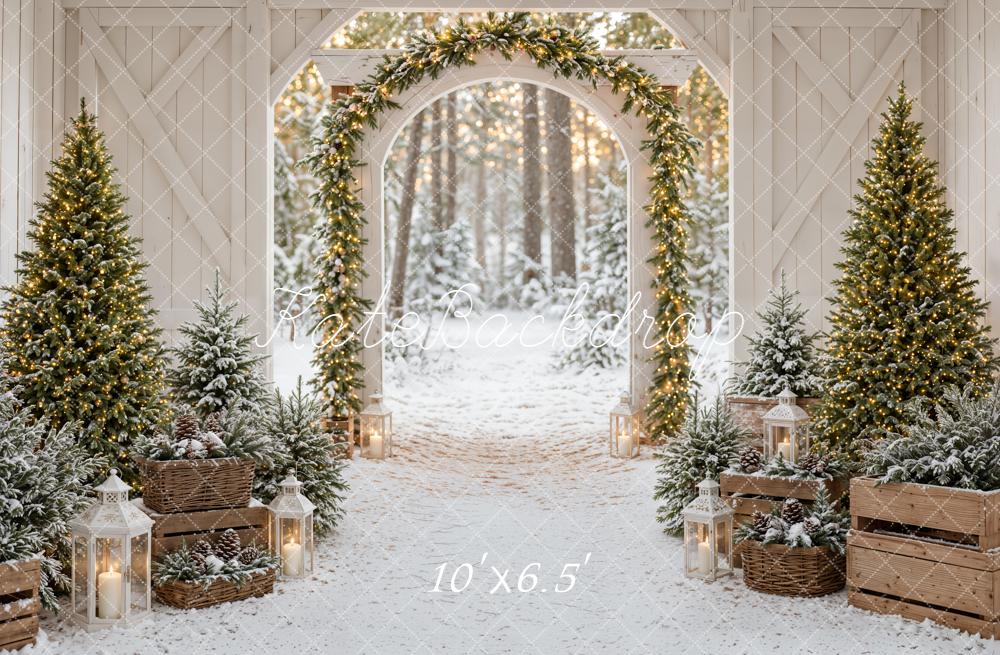 Kate Christmas Barn Arch Snowy Trees Lanterns Printed Backdrop Designed by Emetselch