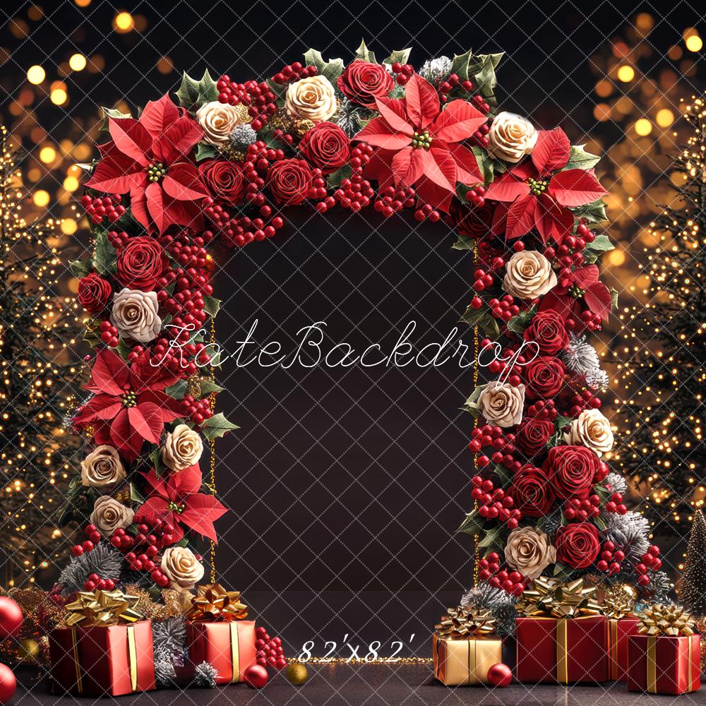 Cajas de regalo de Poinsettia de Navidad Arch Luces de árbol Fondo