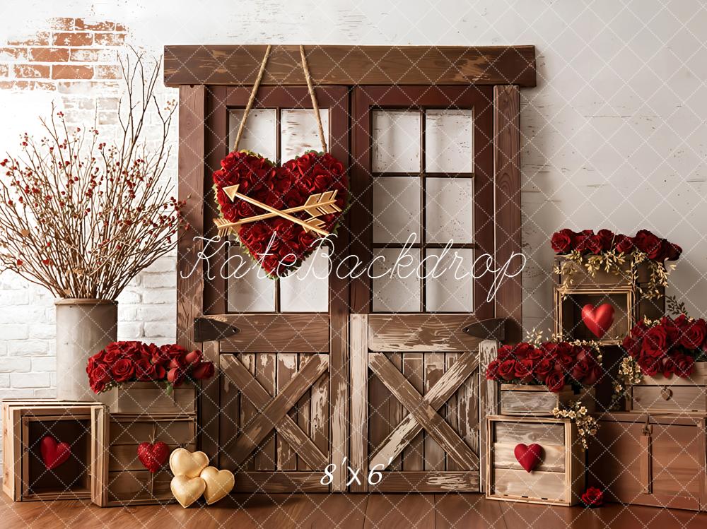 Kate Valentine's Day Rustic Barn Door Red Roses Heart Backdrop Designed by Emetselch