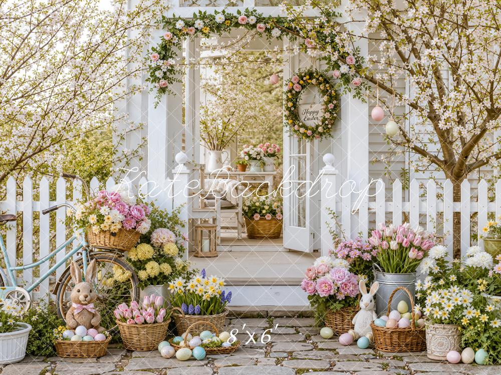 Kate Spring Easter Cherry Blossoms Garden Bunny Flower Porch Printed Backdrop Designed by Emetselch