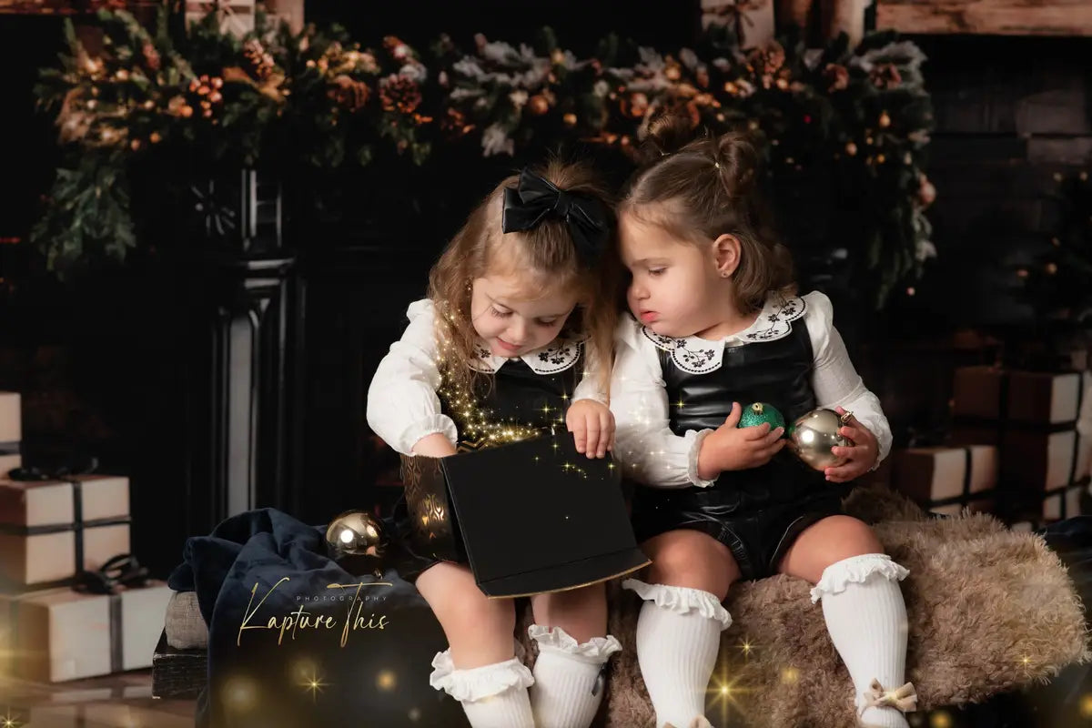 Kate Christmas Black Modern Fireplace Brown Wooden Fleece Backdrop Designed by Emetselch