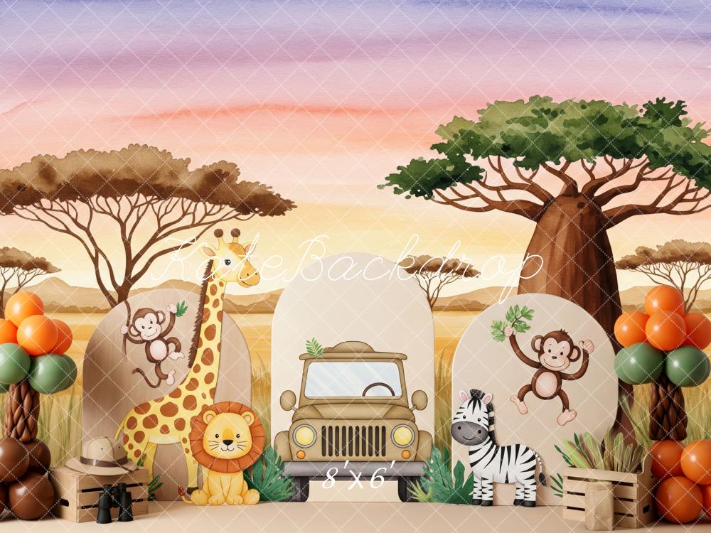 Kate Birthday Jungle Safari Animals Car Sunset Balloons Backdrop Designed by Patty Roberts