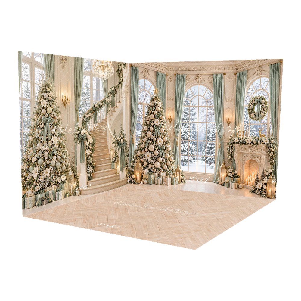 Kate Christmas Tree Fireplace Wreath Snowy Window Printed Backdrop Room Set