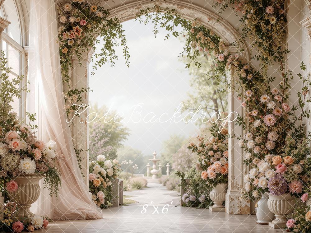 Kate Spring Flower Arch Palace Garden White Curtains Printed Backdrop Designed by Shutter Swan Studios