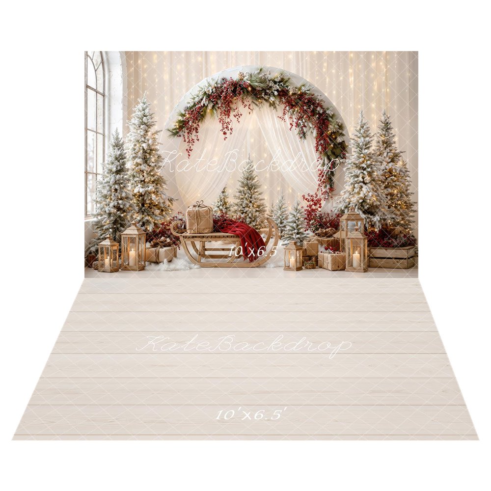 Kate Christmas Circle Arch Drapes Sleigh Trees Lanterns Printed Backdrop+Beige Wood Plank Floor Printed Backdrop