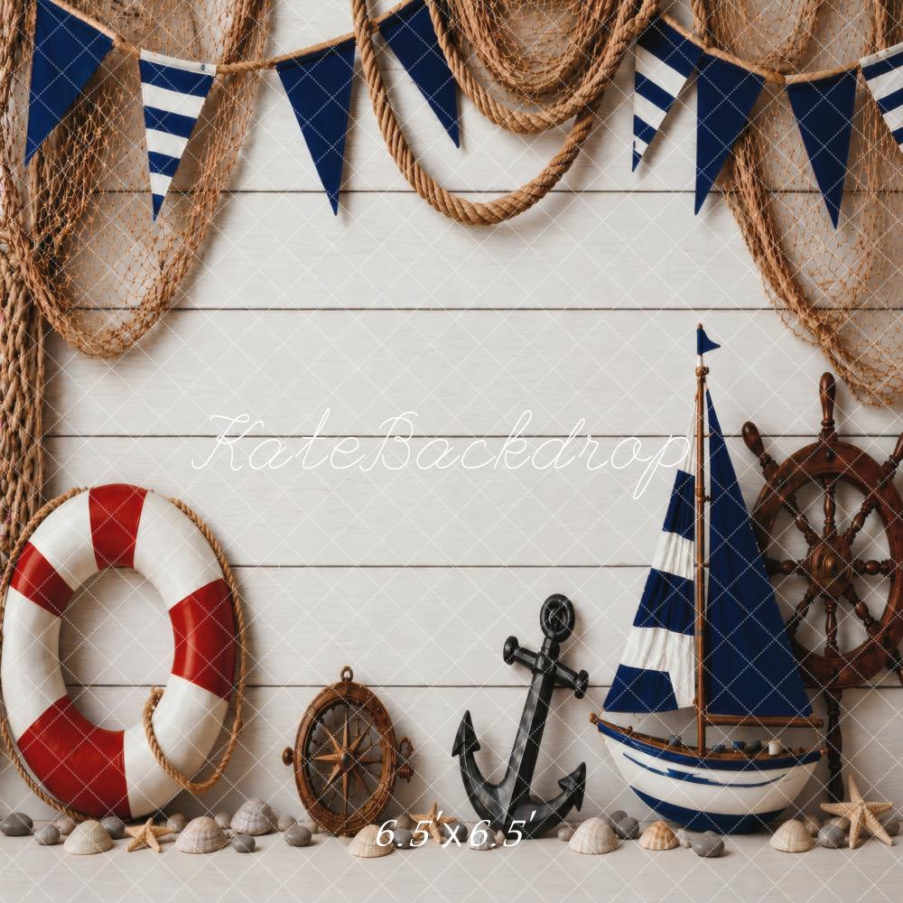 Kate Nautical Sailboat Life Ring Anchor Ship Wheel Netting Bunting Printed Backdrop Designed by Vertigo Productions