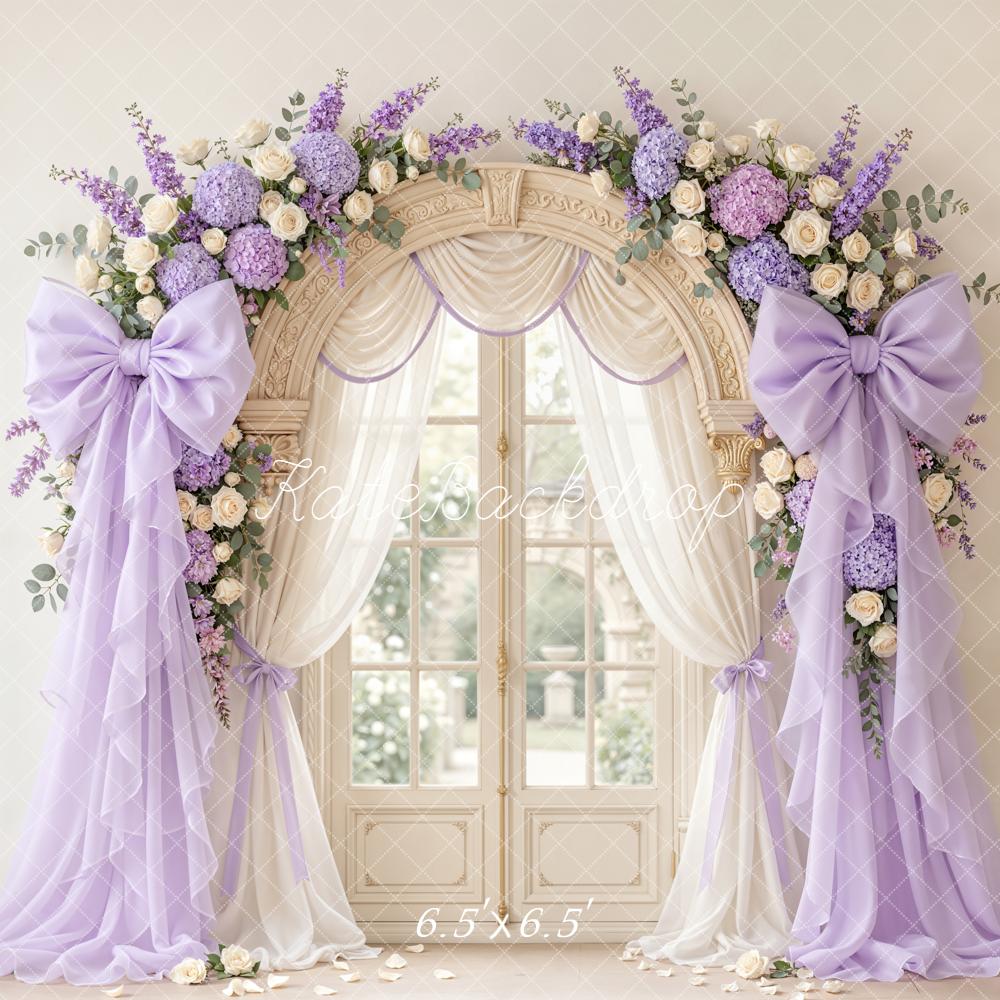 Kate Mother's Day Flower Arch Purple Bow Drapes Window Printed Backdrop Designed by Emetselch
