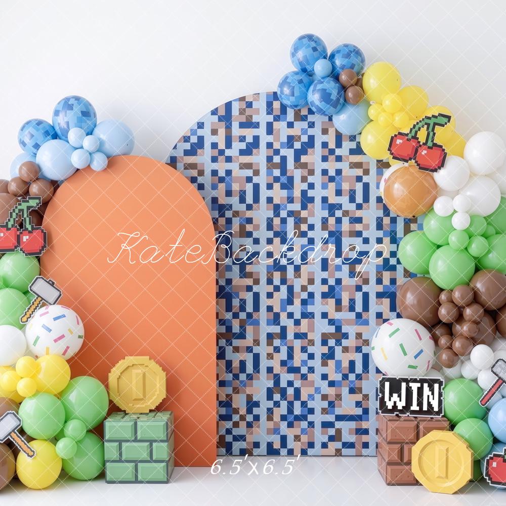 Kate Cake Smash Pixel Video Game Balloons Bricks Coins Blue Mosaic Printed Backdrop Designed by Mini MakeBelieve