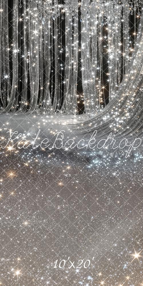 Kate Silver Glitter Crystal Chandelier Drapes Printed Backdrop Designed by Chain Photography