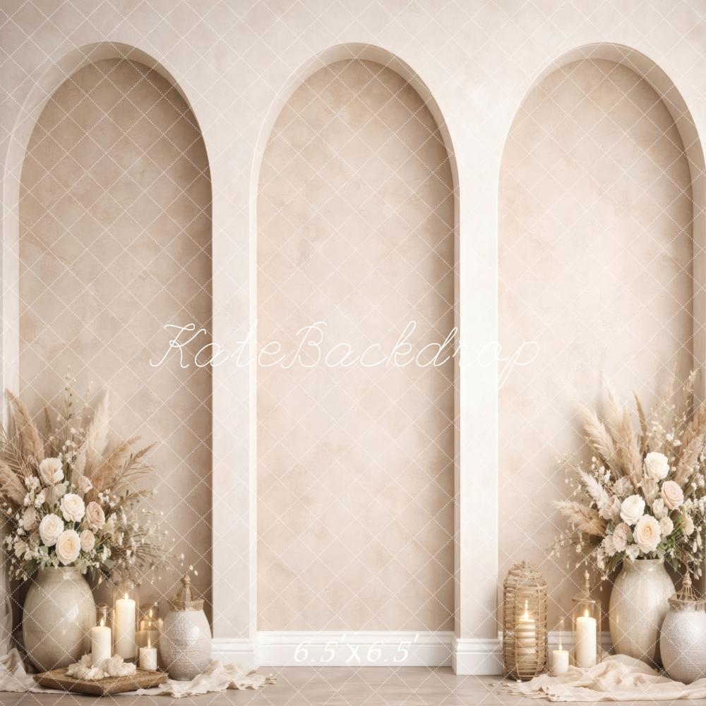 Kate Boho Arch Floral Arrangement Candles Beige Printed Backdrop Designed by Vertigo Productions