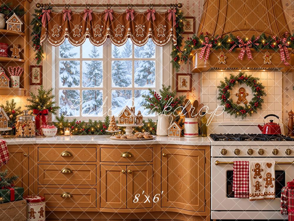 Kate Christmas Brown Gingerbread Kitchen Cabinet Window Printed Backdrop Designed by Shutter Swan Studios