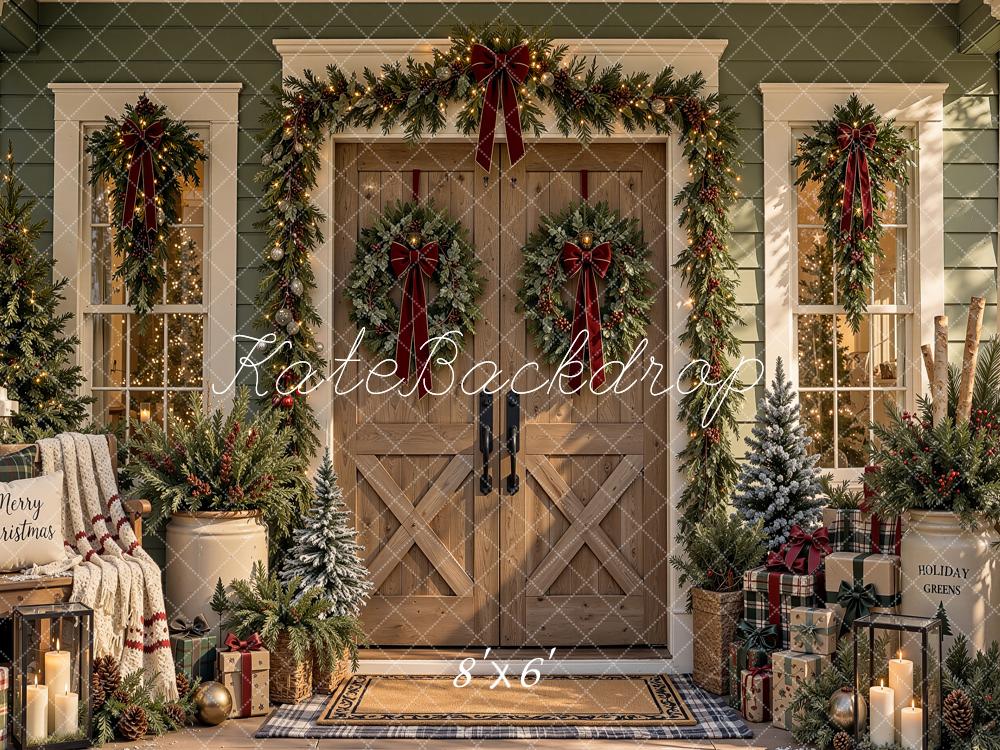 Kate Christmas Rustic Wood Front Door Garland Wreaths Blanket Printed Backdrop Designed by Shutter Swan Studios
