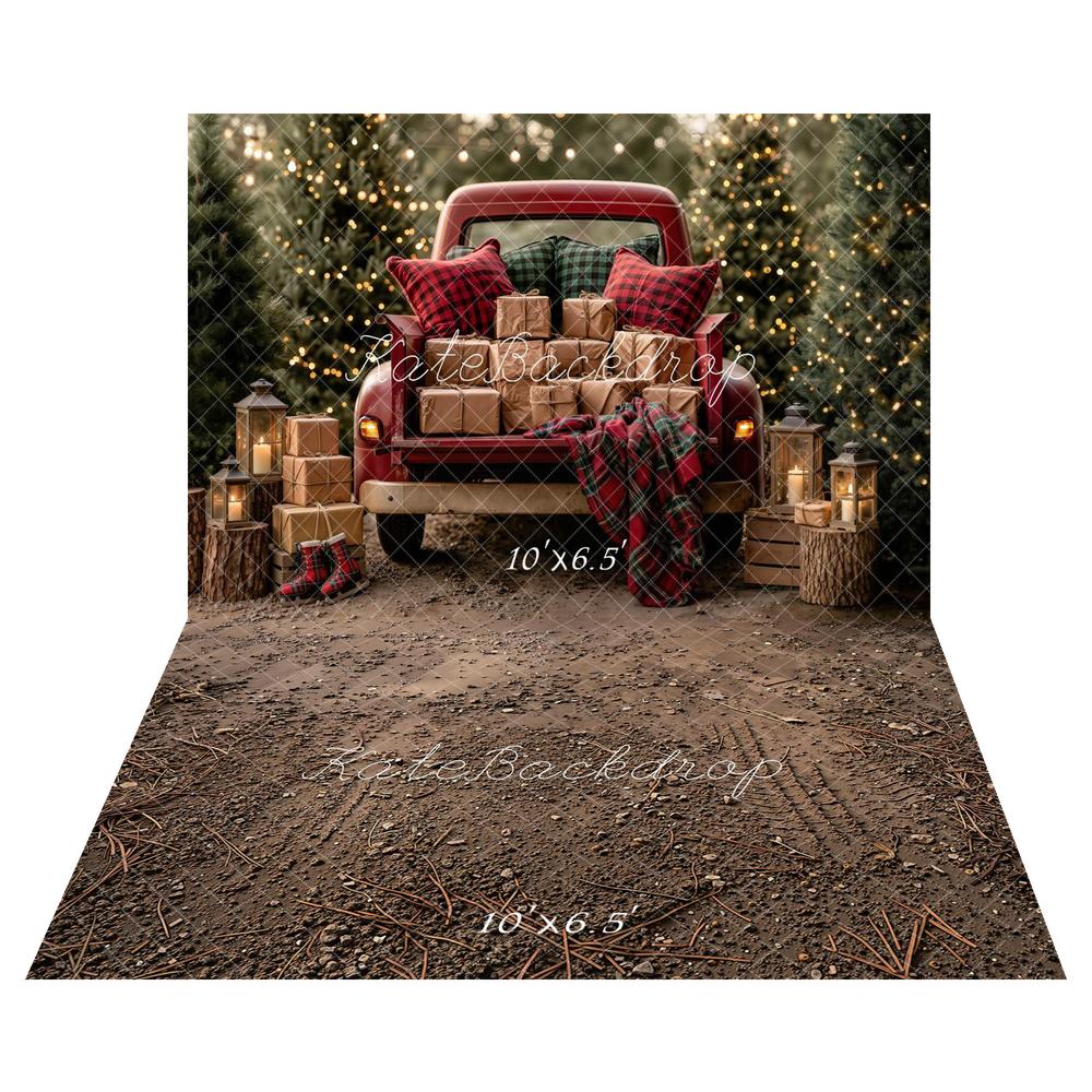 Kate Christmas Red Truck Presents Pine Trees Lanterns Plaid Blanket Printed Backdrop+Brown Dirt Gravel Tire Track Floor Printed Backdrop