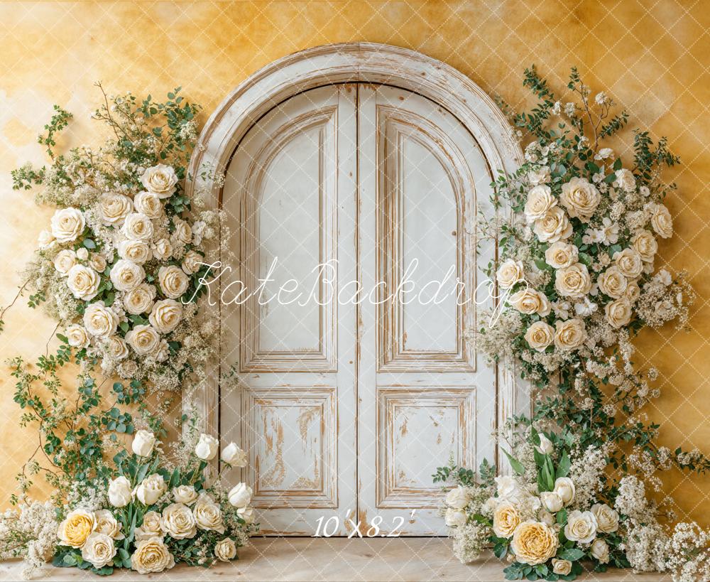 Kate Spring Flower Arch White Vintage Door Yellow Wall Backdrop Designed by Chain Photography