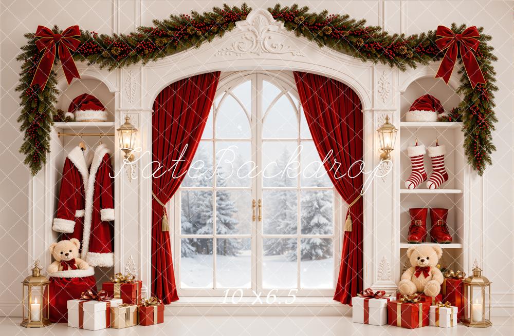 Kate Christmas Window Garland Red Curtains Gifts Built-In Cabinet Printed Backdrop Designed by Emetselch