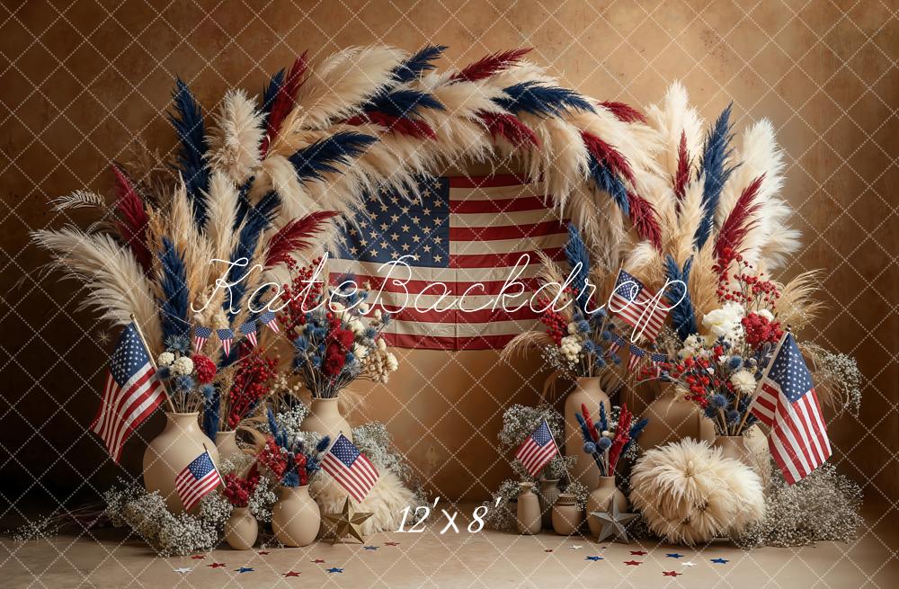 Kate Patriotic Boho Pampas Flower Arch American Flag Printed Backdrop Designed by Emetselch