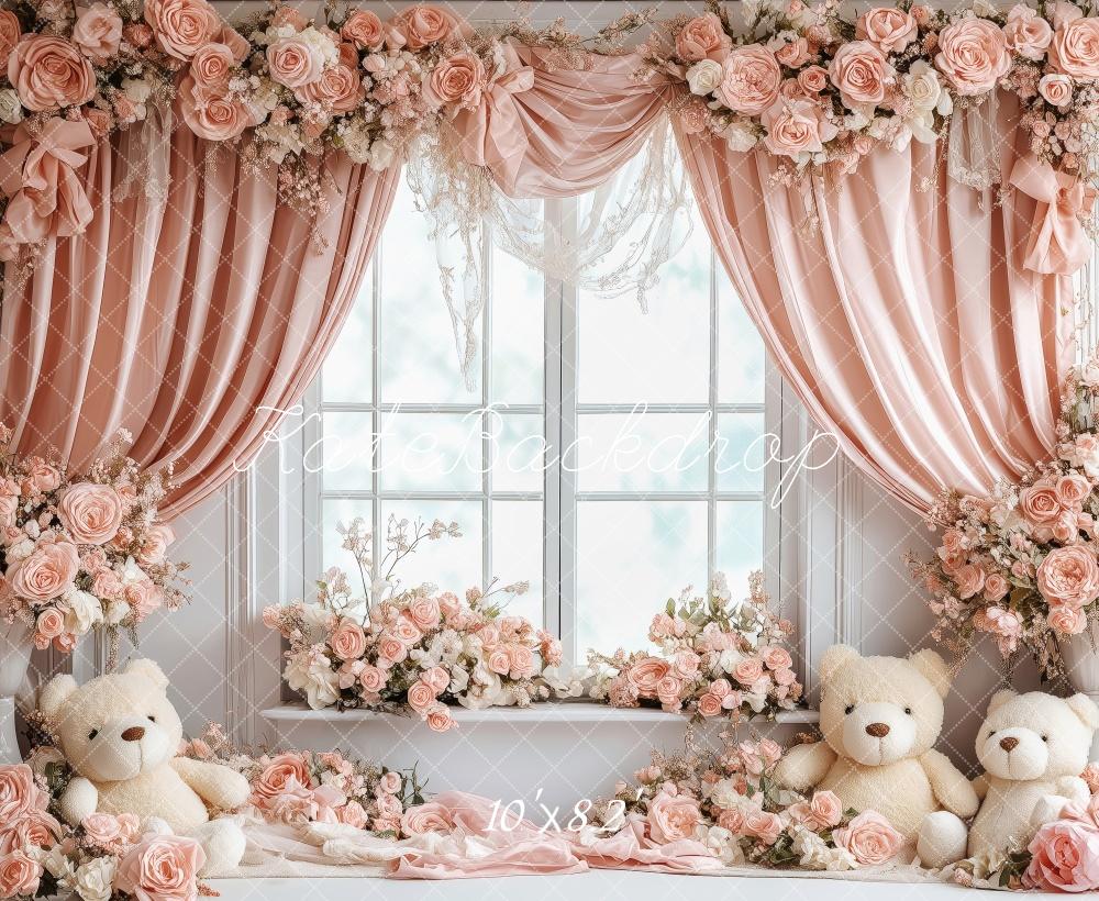 Kate Valentine‘s Day Teddy Bear Pink Floral Window Backdrop Designed by Patty Roberts