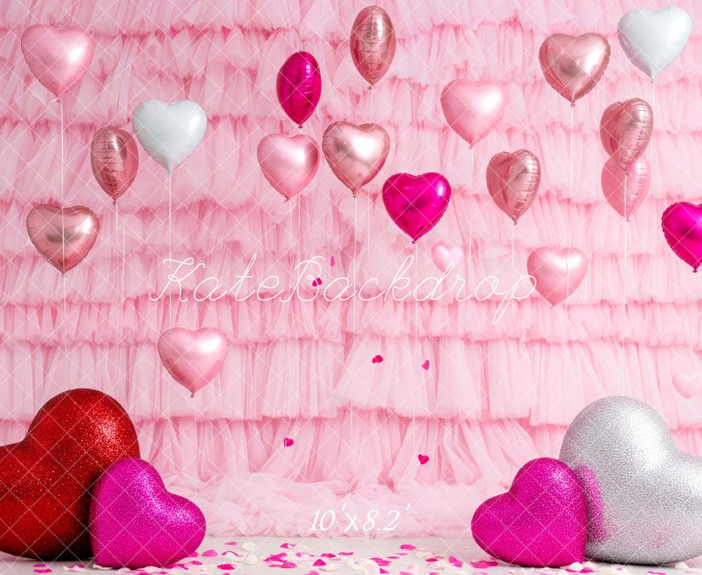 Kate Valentine's Day Pink Ruffle Heart Balloons Glitter Hearts Backdrop Designed by Patty Roberts