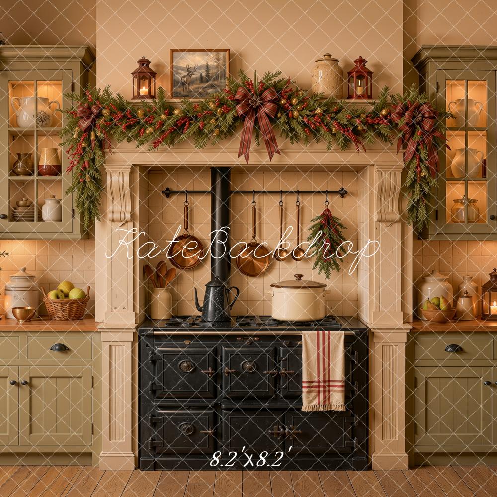 Kate Christmas Rustic Green Kitchen Stove Garland Printed Backdrop Designed by Ashley Ward