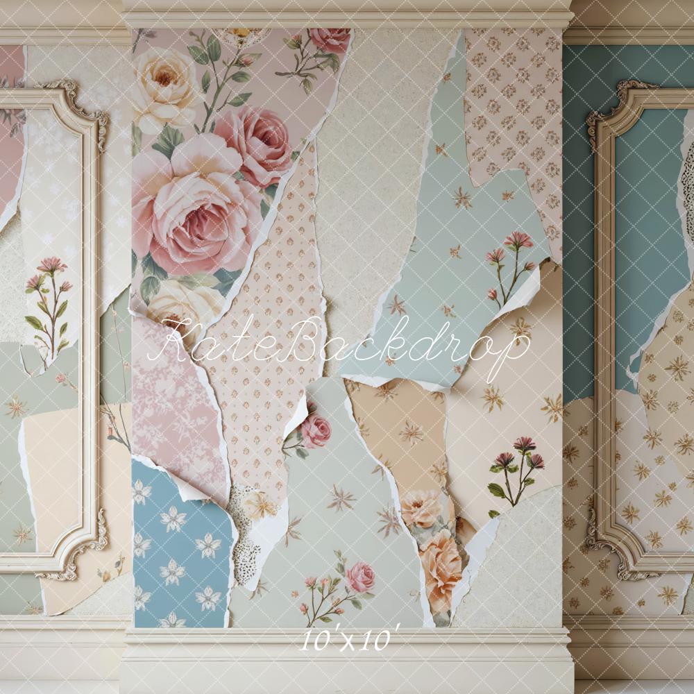 Kate Spring Vintage Floral Wallpaper Collage Printed Backdrop Designed by Mini MakeBelieve