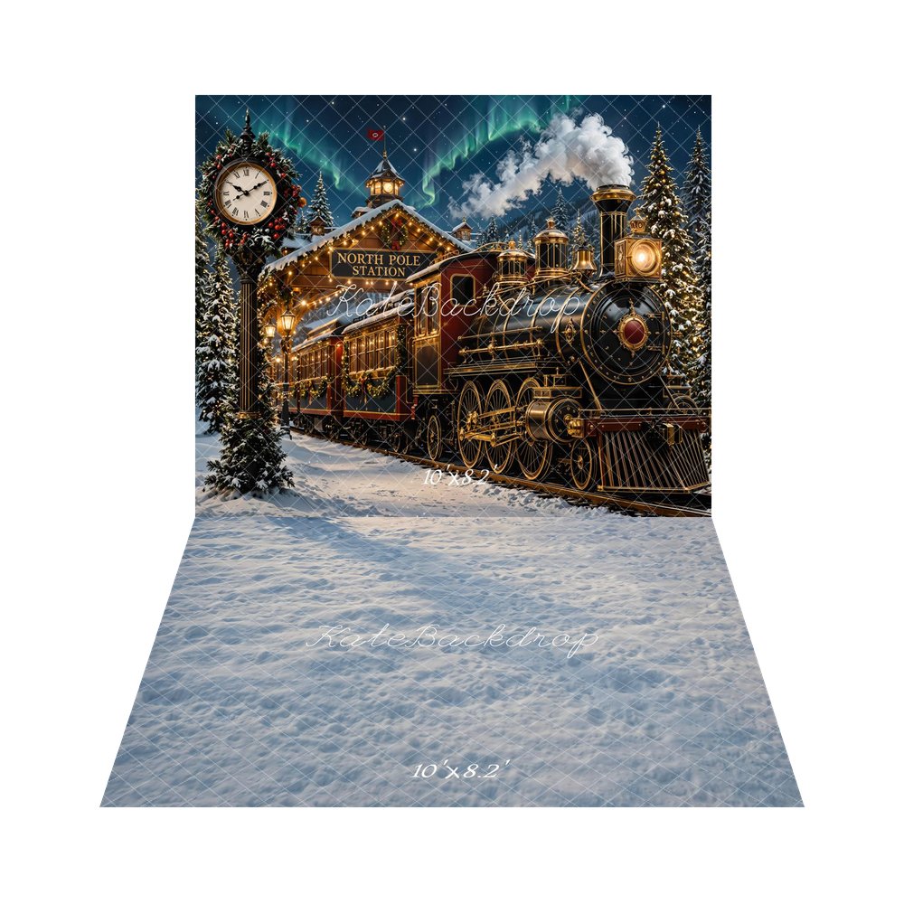 Kate Christmas Polar Train North Pole Station Snowy Trees Printed Backdrop+Snow Frosted Printed Floor Backdrop