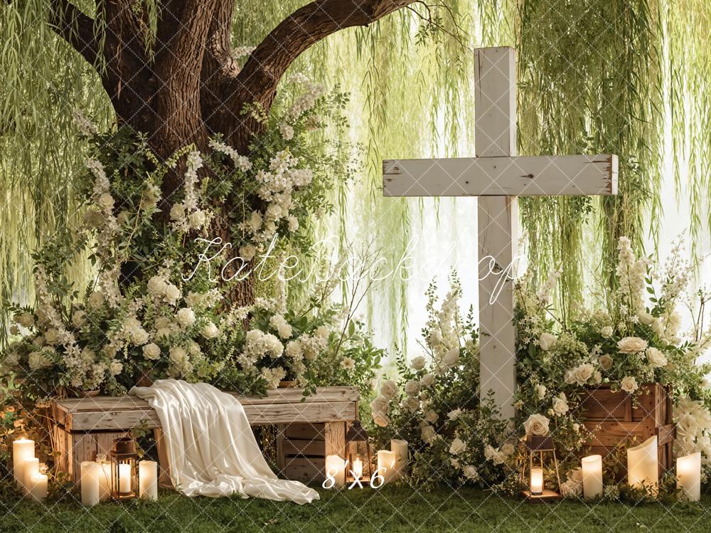 Kate Spring Cross Floral Bench Candles and Willow Tree Backdrop Designed by Emetselch