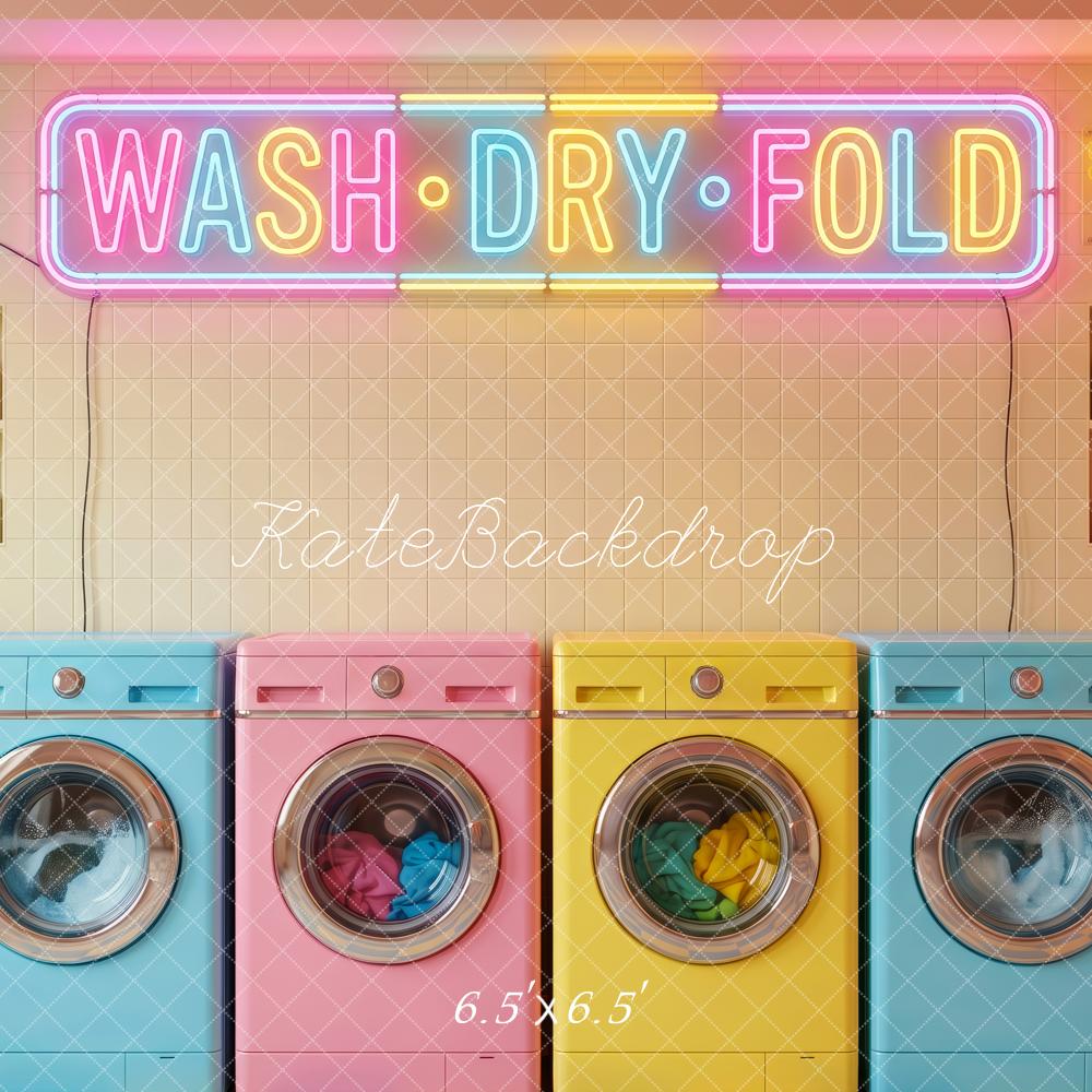 Kate Pastel Laundry Machines Neon Signs Printed Backdrop Designed by Patty Roberts