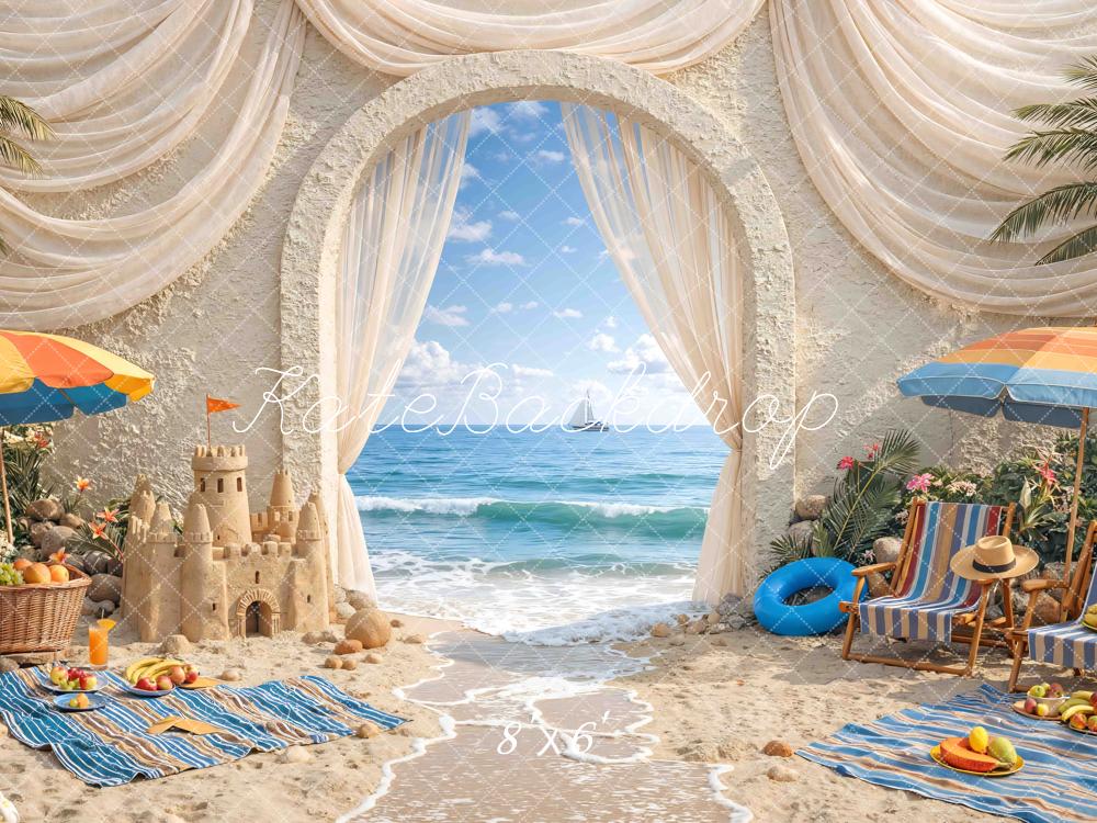 Kate Summer Beach Archway Sandcastle Umbrellas Printed Backdrop Designed by Mini MakeBelieve
