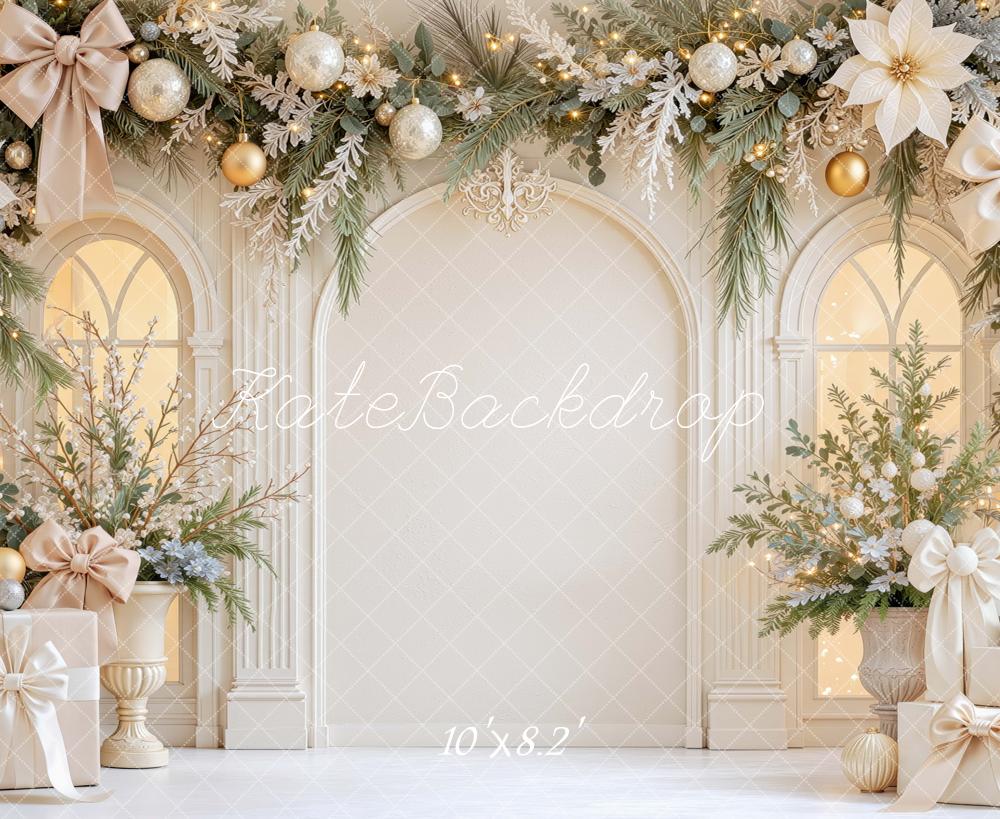 Kate Christmas White Gold Arch Poinsettias Garland Gifts Printed Backdrop Designed by Mini MakeBelieve