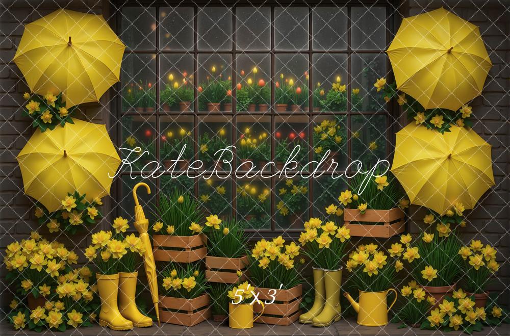 Kate Spring Yellow Umbrellas Rain Boots Daffodils Window Backdrop Designed by Mini MakeBelieve