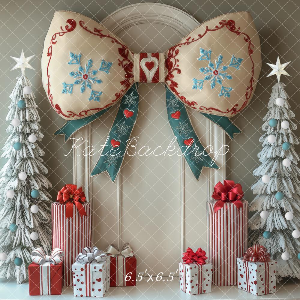 Fondo de Regalos de Árboles Nevados con Gran Lazo de Navidad Diseñado por Mini MakeBelieve
