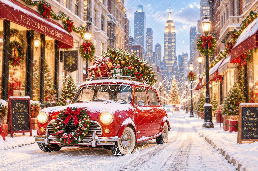 Kate Christmas Snowy City Street Red Car Shop Printed Backdrop Designed by Emetselch