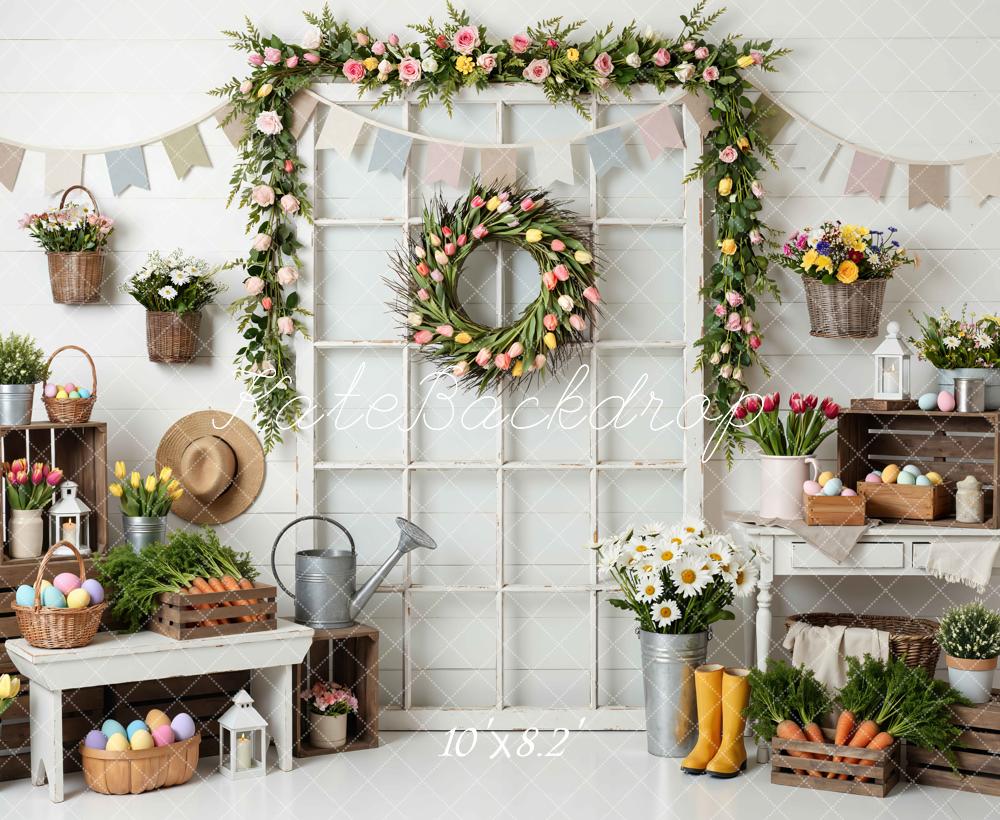 Kate Easter Bunny Spring Floral Crates Wreath Printed Backdrop Designed by Mini MakeBelieve