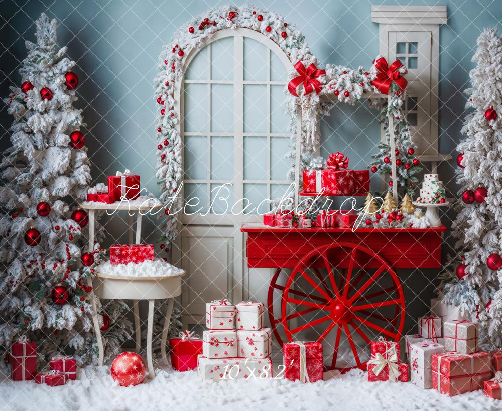 Kate Christmas Tree Snowy Red Gift Cart Backdrop Designed by Emetselch