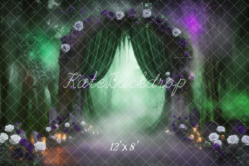 Kate Halloween Gothic Misty Forest Arch Green Curtains Spiderweb Backdrop Designed by Emetselch