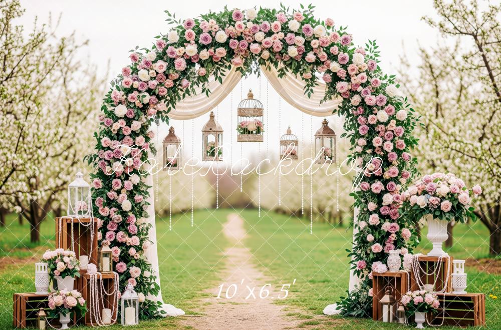 Kate Spring Flower Arch Lantern Birdcage Pink White Roses Printed Backdrop Designed by Patty Roberts