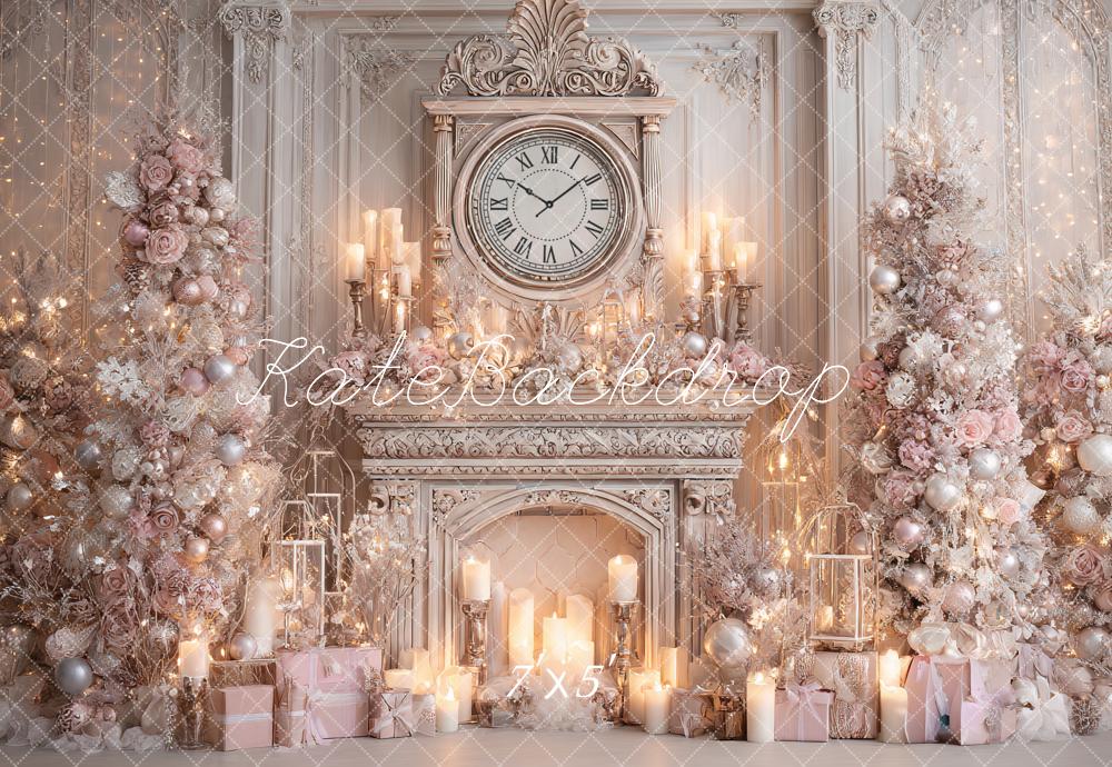 Kate Christmas Fireplace Clock Candles Tree Pink Luxury Backdrop Designed by Ashley Paul