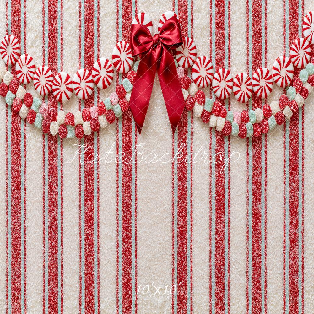 Kate Christmas Peppermint Candy Bow Stripes Printed Backdrop Designed by Angela Miller