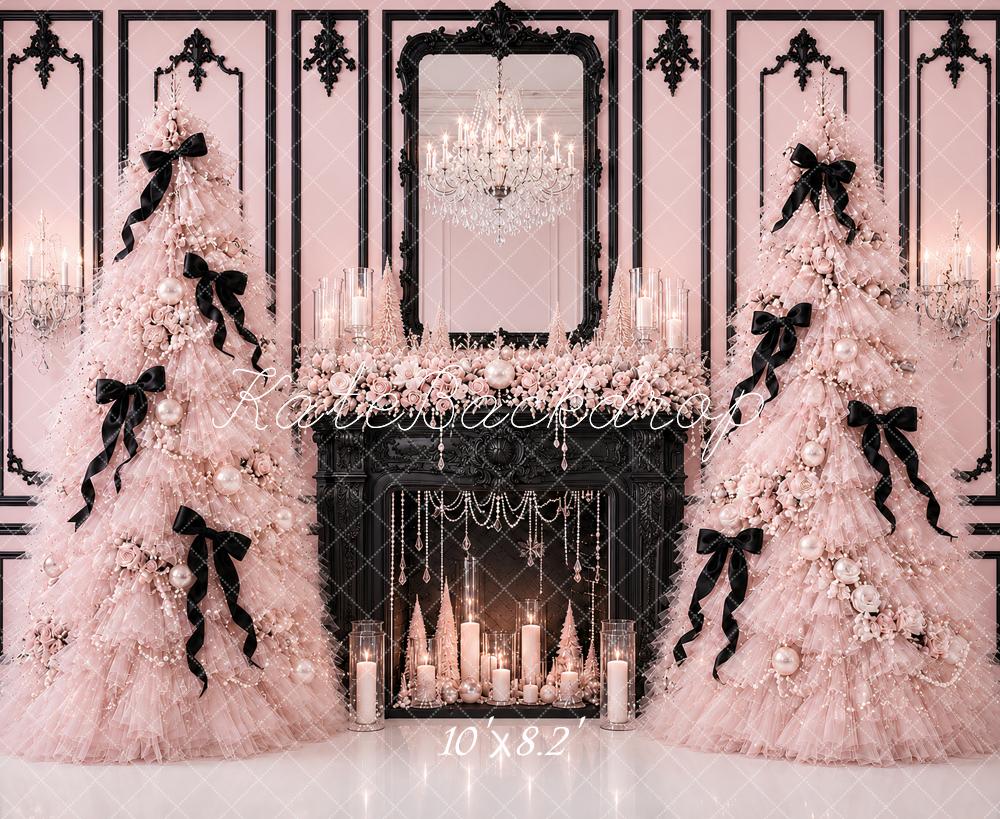 Kate Pink Fluffy Tulle Christmas Trees Black Fireplace Chandelier Printed Backdrop Designed by Ashley Paul