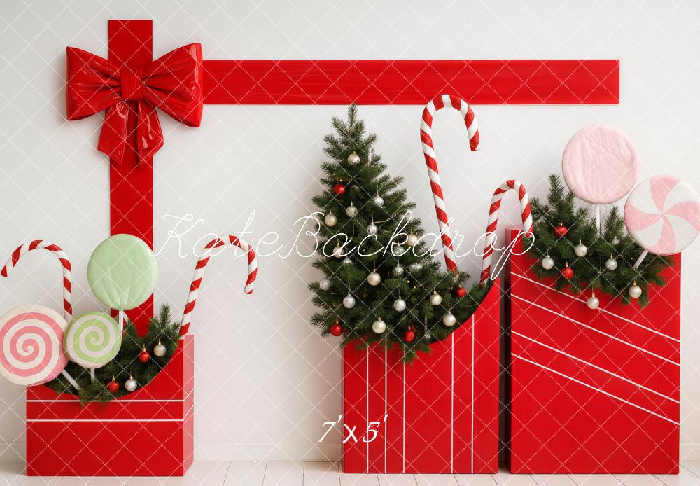 Kate Christmas Gift Boxes Candy Canes Lollipops Trees Printed Backdrop