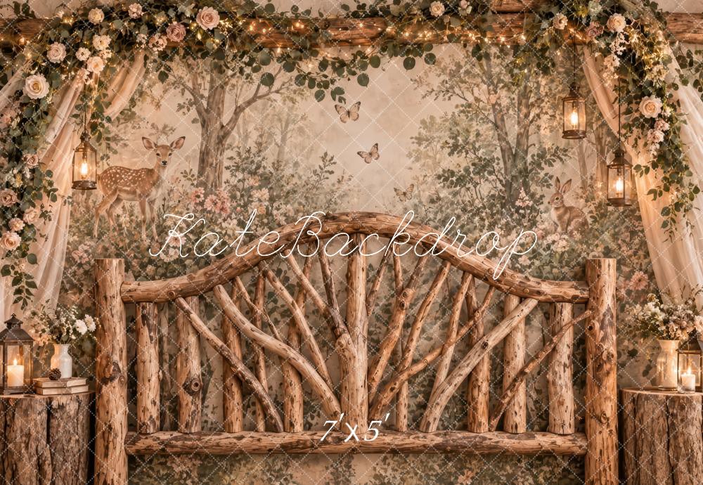 Kate Forest Headboard Rustic Brown Woodland Deer Lanterns Printed Backdrop Designed by Laura Bybee