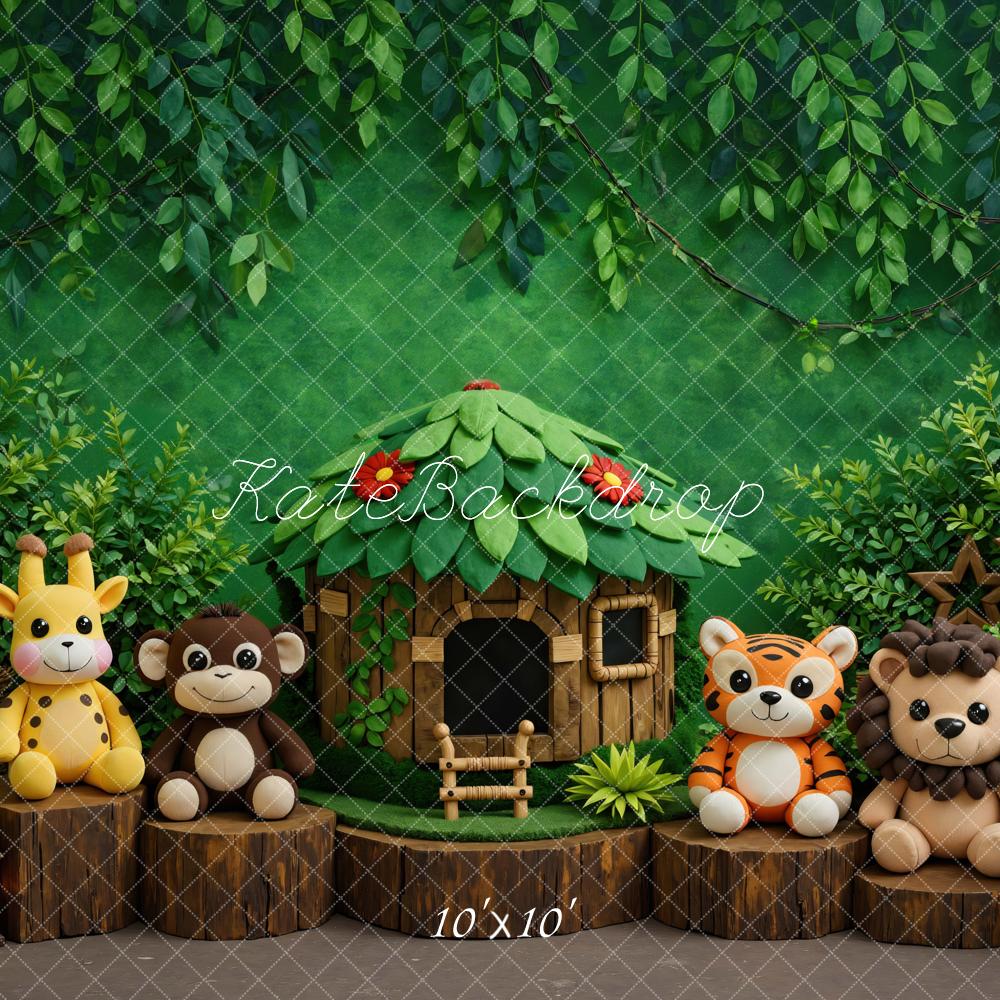 Kate Jungle Animals Hut Tree Stumps Greenery Printed Backdrop Designed by Mini MakeBelieve