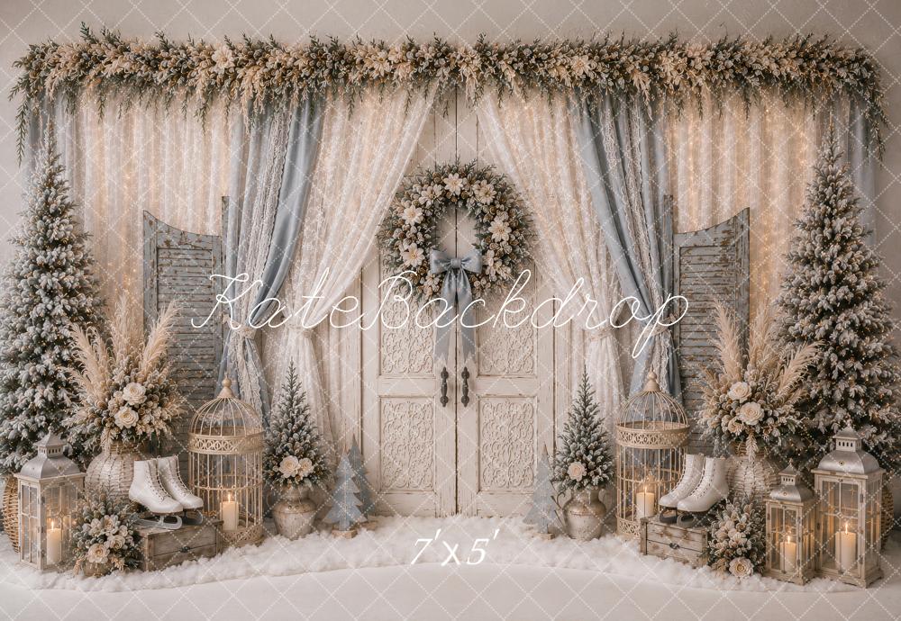 Kate Christmas White Double Doors Wreath Lace Curtains Trees Printed Backdrop Designed by Ashley Paul