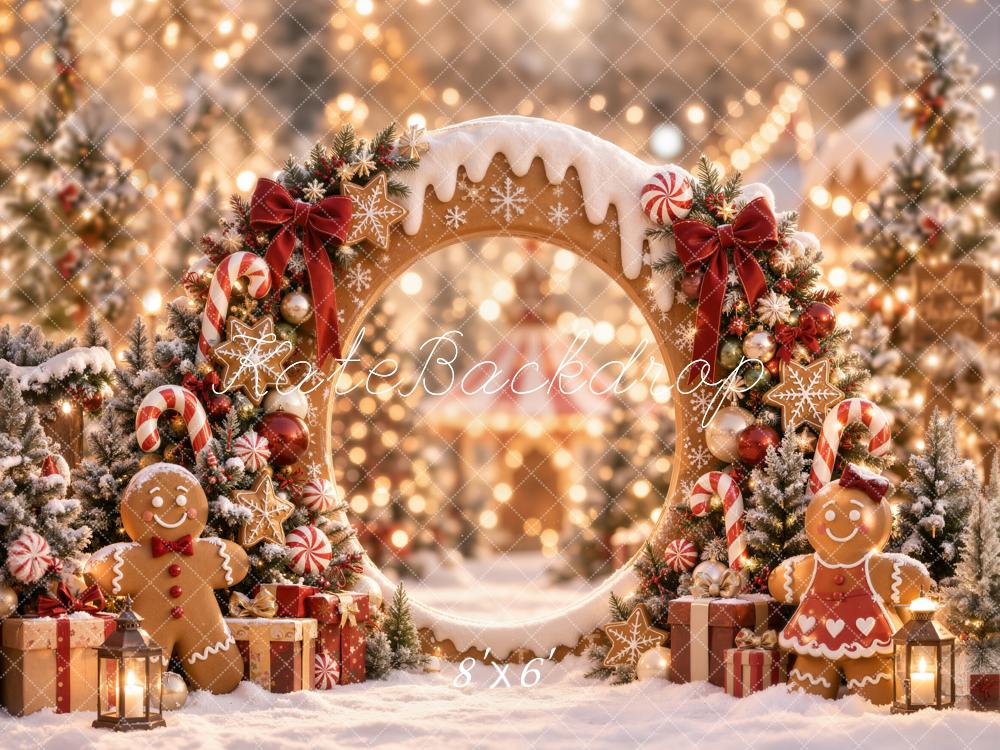 Kate Christmas Gingerbread Circle Arch Candy Cane Snowy Printed Backdrop Designed by Emetselch