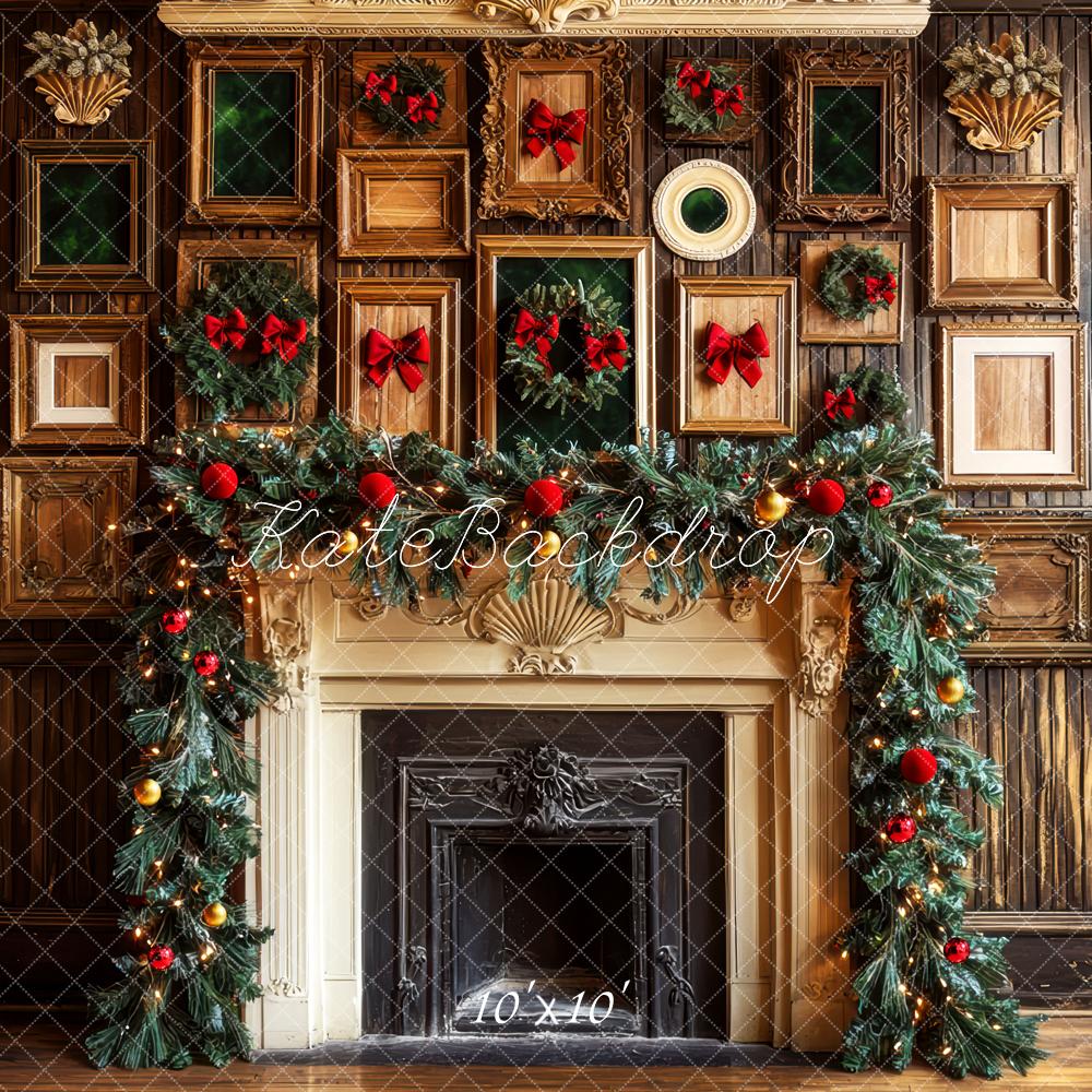 Kate Christmas Fireplace Garland Vintage Picture Frames Printed Backdrop Designed by Mini MakeBelieve