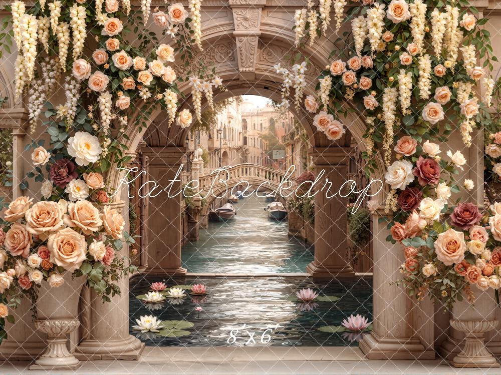 Kate Flower Arch Venetian Canal Floral Columns Printed Backdrop Designed by Emetselch