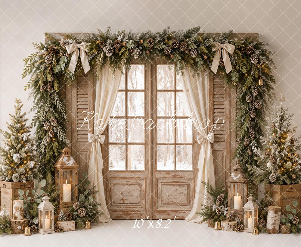 Kate Christmas Rustic Window Door Pine Garland Lantern Trees Printed Backdrop Designed by Emetselch